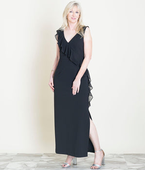 Woman posing wearing Black Sara 2.0 Floor-Length Dress from Connected Apparel