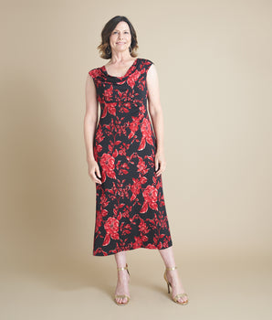 Tonya Red Floral Cowl Neck Midi Dress